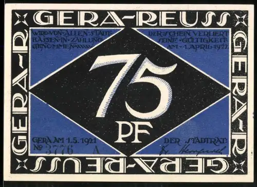Notgeld Gera 1921, 75 Pf, König mit Schwert und Burg im Hintergrund