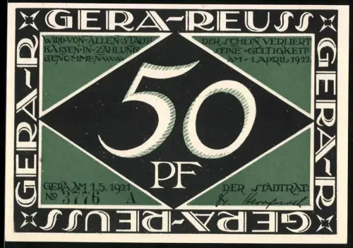 Notgeld Gera 1921, 50 Pf, Frauen mit Spinnrad und Fabrikszene