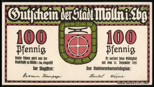 Notgeld Mölln i. Lbg. 1921, 100 Pfennig, Till Eulenspiegel Porträt und Wappen