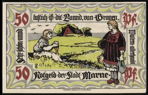 Notgeld Marne 1921, 50 Pf, Frau mit Schaf und Rettung aus dem Meer