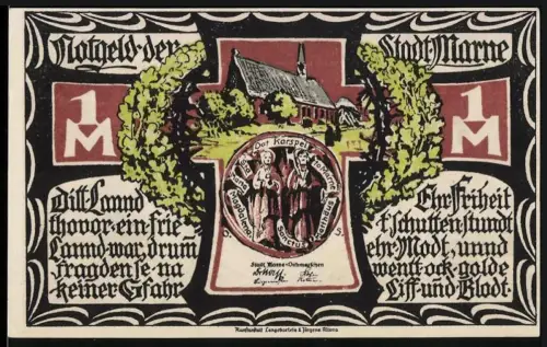 Notgeld Marne 1922, 1 Mark, Kirche und historische Szenen mit Bauern und Wappen