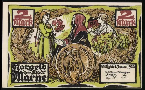 Notgeld Marne 1922, 2 Mark, Frauen mit Blumen und Mann im Regen mit Wappen