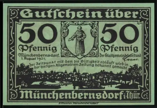 Notgeld Münchenbernsdorf i. Thür. 1921, 50 Pfennig, Mönch und Reiter im Wald