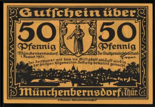 Notgeld Münchenbernsdorf i. Thür. 1921, 50 Pfennig, Ortsansicht und historische Szenen mit Figuren