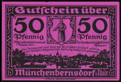 Notgeld Münchenbernsdorf i. Thür. 1921, 50 Pfennig, Mönch und Reiter vor Gebäude