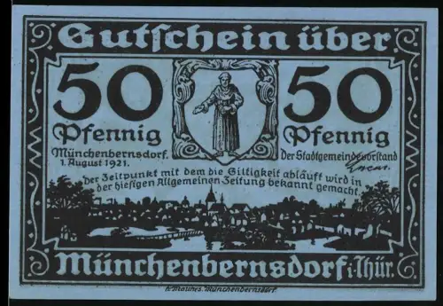 Notgeld Münchenbernsdorf i. Thür. 1921, 50 Pfennig, Mönch und Waldszene mit Menschen im Gespräch