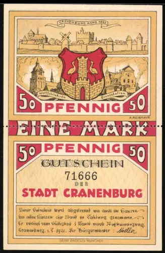 Notgeld Cranenburg 1921, 1 Mark, Ortsansicht und Träger mit Gepäck an Grenze zu Holland