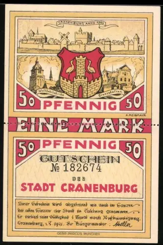 Notgeld Cranenburg 1921, 1 Mark, Zwei mal 50 Pfennig, Ortsansicht und Träger mit Sack voller Speck