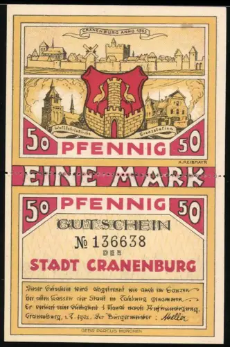 Notgeld Cranenburg 1921, 1 Mark, Ortsansicht und Soldat im Feld