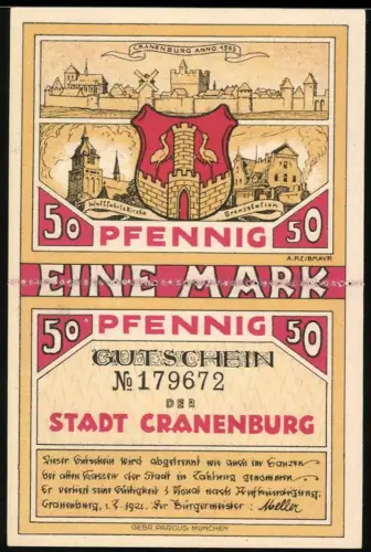 Notgeld Cranenburg 1921, 1 Mark, Zwei mal 50 Pfennig, Ortsansicht mit Wappen und Bauer mit Pferd und Pflug