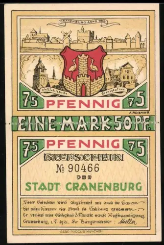 Notgeld Cranenburg 1921, 1 Mark 50, 75 Pfennig, Ortsansicht mit Wachtkirche und Grenzstation, Wirtshausszene