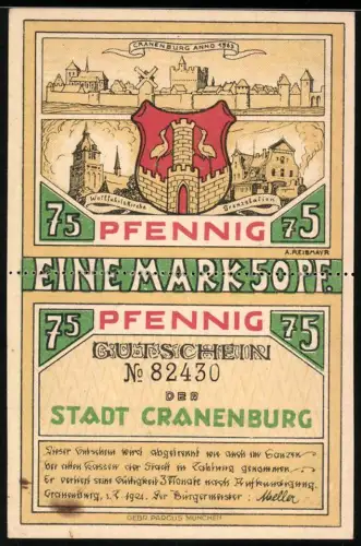 Notgeld Cranenburg 1921, 1 Mark 50, 75 Pfennig, Ortsansicht und Mann mit Schubkarre-Motiv