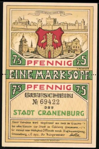 Notgeld Cranenburg 1921, 1 Mark 50, 75 Pfennig, Ortsansicht mit Wassertor und Karikatur von vier Männern