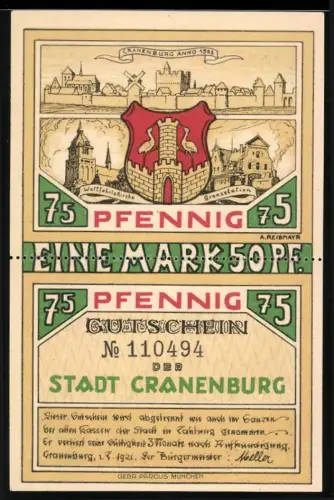 Notgeld Cranenburg 1921, 1 Mark 50, 75 Pfennig, Ortsansicht und Schmuggelszene mit Kaffeeballen und Zöllner