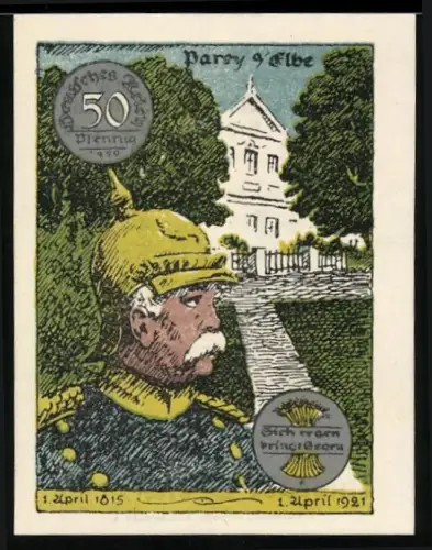 Notgeld Parey a. Elbe 1921, 50 Pfennig, Bismarck-Porträt und Gebäude im Hintergrund