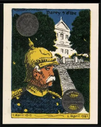 Notgeld Parey a. Elbe 1921, 50 Pfennig, Bismarck-Porträt vor Gebäude und Garten, humorvoller Text