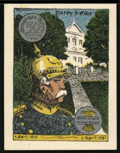 Notgeld Parey a. Elbe 1921, 50 Pfennig, Bismarck mit Helm vor Gebäude, Spruch in Plattdeutsch