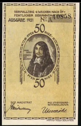 Notgeld Plön 1921, 50 Pfennig, Hans Adolf und Kirche mit Landschaft