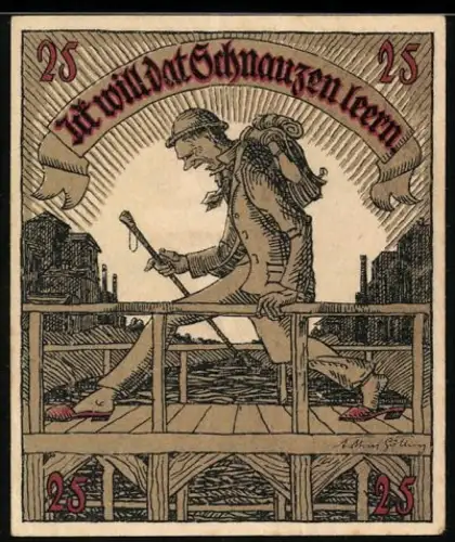 Notgeld Preetz 1921, 25 Pfennig, Wanderer auf Brücke und Wappen mit Fischmotiv
