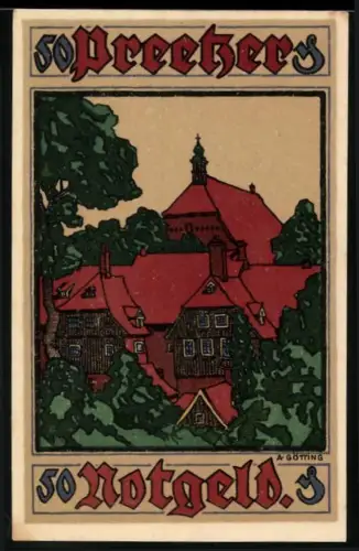 Notgeld Preetz in Holstein 1921, 50 Pfennig, Ortsansicht mit Gebäuden und Wald