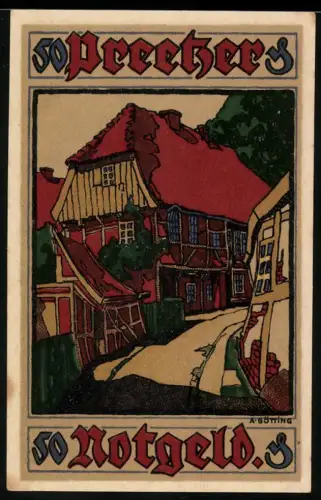 Notgeld Preetz in Holstein 1921, 50 Pfennig, Fachwerkhäuser und dekorativer Buchstabe E