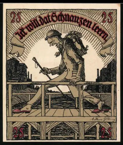 Notgeld Preetz 1921, 25 Pfennig, Mann mit Stock auf Brücke, Wappen mit Fisch und Sternen