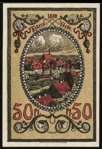 Notgeld Eckernförde 1921, 50 Pf, Ortsansicht und Burgtor mit Wappen