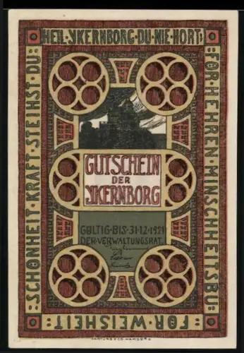 Notgeld Ykernborg 1921, 1 Mark, Torbogen mit Auge und lateinischer Inschrift