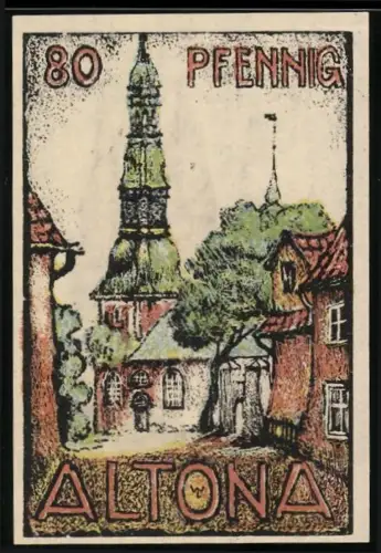 Notgeld Altona 1921, 80 Pfennig, Ortsansicht mit Kirchturm und drei Türme mit Wappen