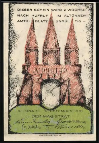 Notgeld Altona 1921, 20 Pf, Dreitürmiges Bauwerk und Segelschiff