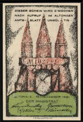 Notgeld Altona 1921, 40 Pf, Segelschiff und Tor mit Türmen
