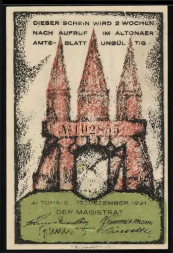 Notgeld Altona 1921, 30 Pf, Drei Türme und abstrakte Kunstszene