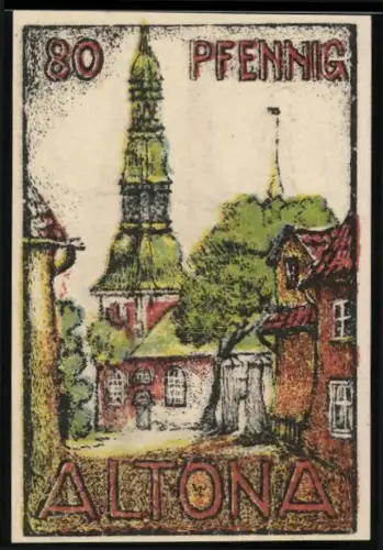 Notgeld Altona 1921, 80 Pfennig, Kirchenmotiv und Stadtmauer mit Tor