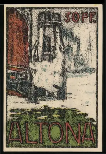 Notgeld Altona 1921, 30 Pf, Dampflokomotive und Stadttor mit drei Türmen