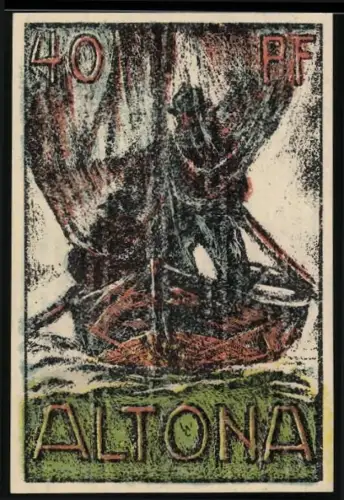 Notgeld Altona 1921, 40 Pf, Fischer auf Boot und Burgtor mit drei Türmen