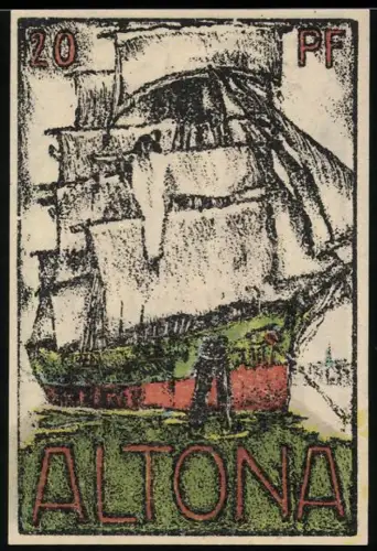 Notgeld Altona 1921, 20 Pf, Segelschiff und Stadttor mit drei Türmen