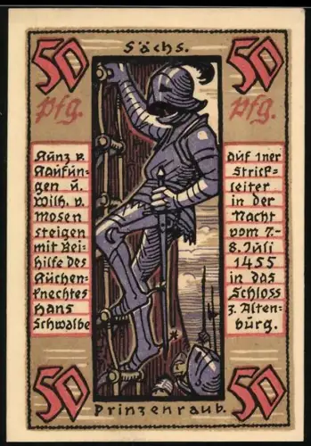 Notgeld Altenburg 1921, 50 Pf, Ritter mit Rüstung und Schloss, Hand und Rose, Stadtwappen
