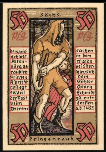Notgeld Altenburg 1921, 50 Pfennig, Prinzenraub und Burg mit Wappen und Rosen