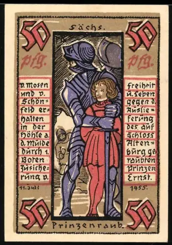Notgeld Altenburg 1921, 50 Pfennig, Prinzenraub-Motiv mit Ritter und Kind, Wappen mit Schloss und Rose