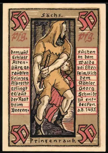 Notgeld Altenburg 1921, 50 Pfennig, Prinzenraub und Stadtwappen mit Schloss und Hand