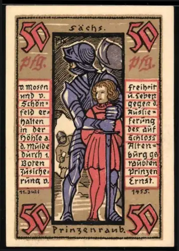 Notgeld Altenburg 1921, 50 Pf, Entführung Prinz Ernst, Burg und Wappen