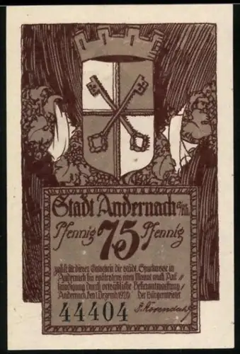 Notgeld Andernach a. Rh. 1920, 75 Pfennig, Stadttor und Wappen mit zwei Schlüsseln