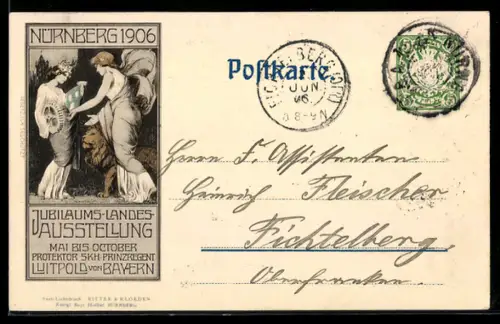 AK Nürnberg, Jubiläums-Landesausstellung 1906, Bavaria mit Löwen, Ganzsache Bayern