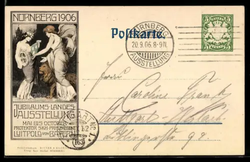 AK Nürnberg, Jubiläums-Landesausstellung 1906, Bavaria mit Löwen, Ganzsache Bayern