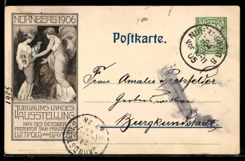 AK Nürnberg, Jubiläums-Landesaussstellung 1906, Bavaria mit Löwen, Ganzsache Bayern