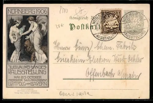 AK Nürnberg, Jubiläumsausstellung 1906, Bavaria mit Löwen, Frau mit Zahnrad, Ganzsache Bayern