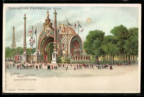 Lithographie Paris, Exposition universelle de 1900, Entrée monumentale, Place de la Concorde, Halt gegen das Licht