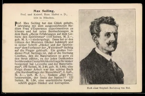 AK Prof. und Kaiserl. Russ. Hofrat Max Seiling, Porträt, Autor von Meine Erfahrungen mit dem Spiritismus, Esoterik