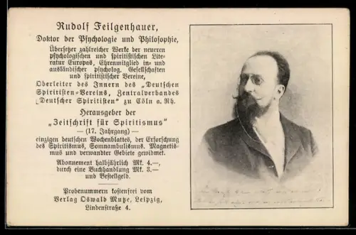 AK Doktor Rudolf Feilgenhauer, Porträt, Herausgeber der Zeitschrift für Spiritismus, Esoterik