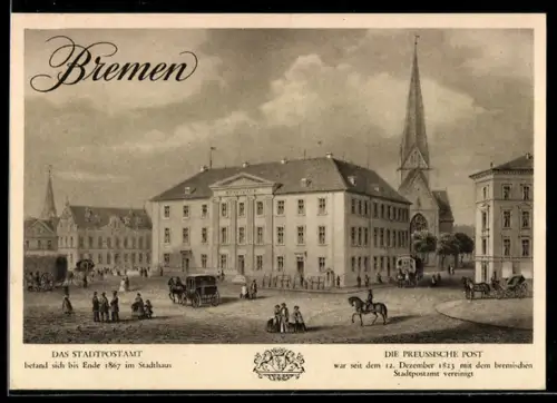 AK Bremen, Stadthaus, Stadtpostamt, Kirche, Briefmarken-Werbeschau 1937, Ganzsache